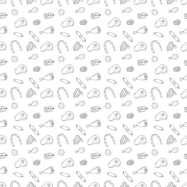 Kusursuz et deseni. Karalama et arka planı. Et ürünleri simgeleri ile illüstrasyon