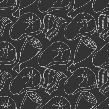 Kusursuz et deseni. Karalama et arka planı. Et ürünleri simgeleri ile illüstrasyon