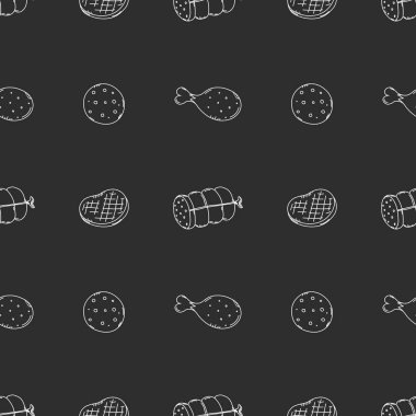 Kusursuz et deseni. Karalama et arka planı. Et ürünleri simgeleri ile illüstrasyon