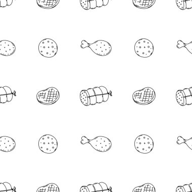 Kusursuz et deseni. Karalama et arka planı. Et ürünleri simgeleri ile illüstrasyon