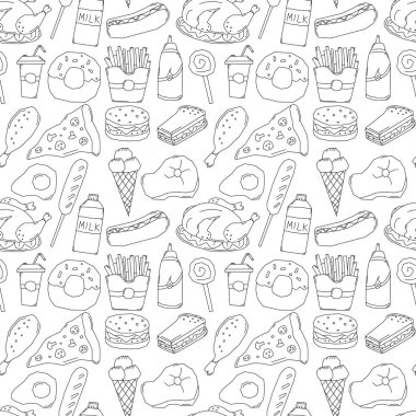 Kusursuz fast food şablonu. Fast food geçmişi. Fast food ikonlarını karala. Yemek kalıbı çizilmiş