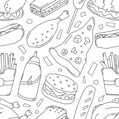Kusursuz fast food şablonu. Fast food geçmişi. Fast food ikonlarını karala. Yemek kalıbı çizilmiş