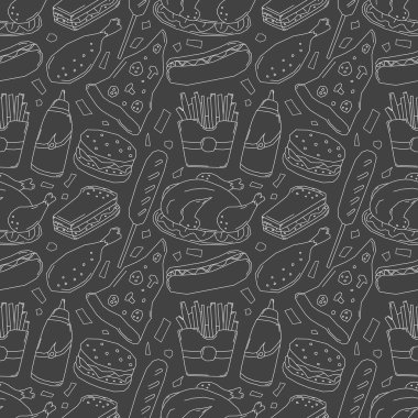 Kusursuz fast food şablonu. Fast food geçmişi. Fast food ikonlarını karala. Yemek kalıbı çizilmiş