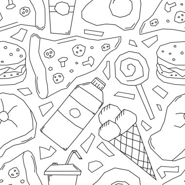 Kusursuz fast food şablonu. Fast food geçmişi. Fast food ikonlarını karala. Yemek kalıbı çizilmiş