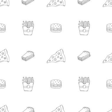 Kusursuz fast food şablonu. Fast food geçmişi. Fast food ikonlarını karala. Yemek kalıbı çizilmiş
