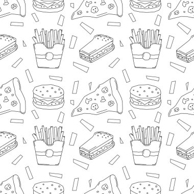 Kusursuz fast food şablonu. Fast food geçmişi. Fast food ikonlarını karala. Yemek kalıbı çizilmiş