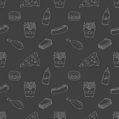 Kusursuz fast food şablonu. Fast food geçmişi. Fast food ikonlarını karala. Yemek kalıbı çizilmiş