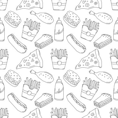 Kusursuz fast food şablonu. Fast food geçmişi. Fast food ikonlarını karala. Yemek kalıbı çizilmiş