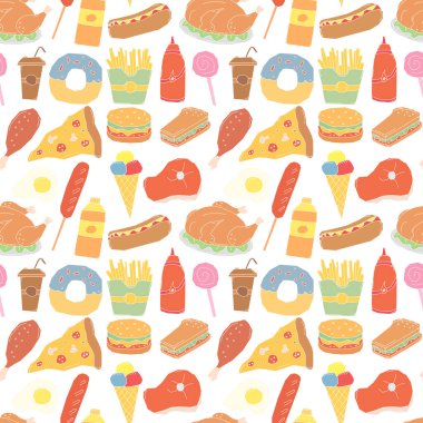 Kusursuz fast food şablonu. Fast food geçmişi. Fast food ikonlarını karala. Yemek kalıbı çizilmiş