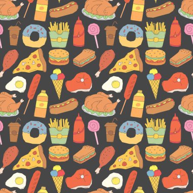 Kusursuz fast food şablonu. Fast food geçmişi. Fast food ikonlarını karala. Yemek kalıbı çizilmiş