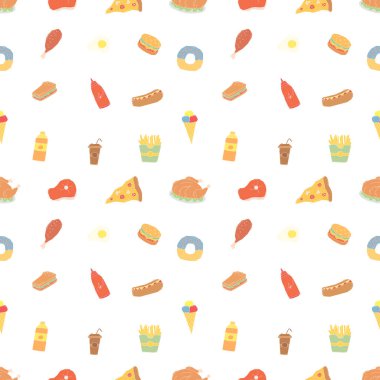 Kusursuz fast food şablonu. Fast food geçmişi. Fast food ikonlarını karala. Yemek kalıbı çizilmiş