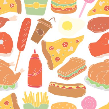 Kusursuz fast food şablonu. Fast food geçmişi. Yemek kalıbı çizilmiş