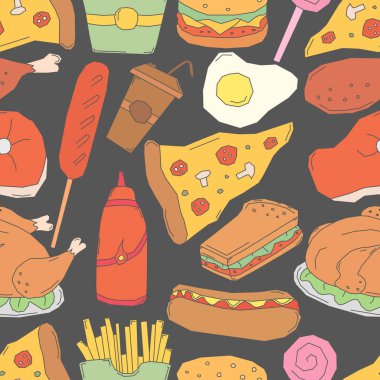 Kusursuz fast food şablonu. Fast food geçmişi. Yemek kalıbı çizilmiş