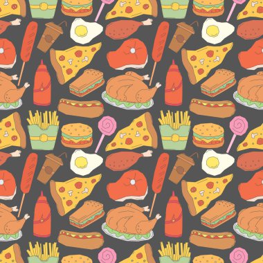 Kusursuz fast food şablonu. Fast food geçmişi. Yemek kalıbı çizilmiş