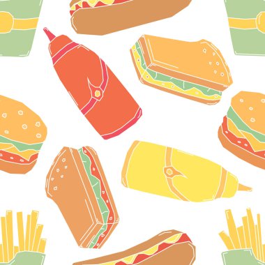 Kusursuz fast food şablonu. Fast food geçmişi. Yemek kalıbı çizilmiş