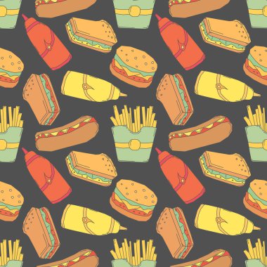 Kusursuz fast food şablonu. Fast food geçmişi. Yemek kalıbı çizilmiş