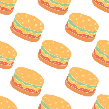 Kusursuz hamburger deseni. Çizilmiş hamburger arka planı. Çizilmiş el çizimi hamburger çizimi