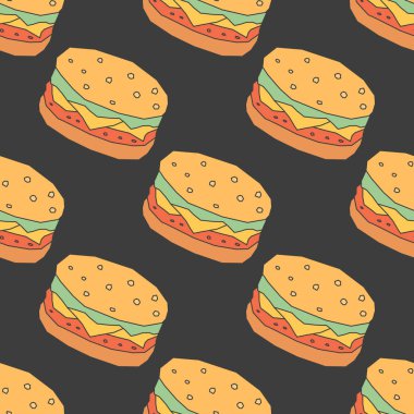Kusursuz hamburger deseni. Çizilmiş hamburger arka planı. Çizilmiş el çizimi hamburger çizimi