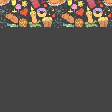 Kusursuz bir Noel aralığı. Yeni yıl geçmişi. Noel ve yeni yıl simgeleriyle karalama çizimi