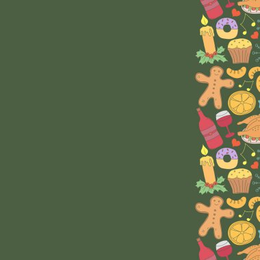 Kusursuz bir Noel aralığı. Yeni yıl geçmişi. Noel ve yeni yıl simgeleriyle karalama çizimi