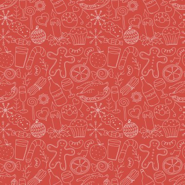 Kusursuz Noel şablonu. Yeni yıl geçmişi. Noel simgeleriyle karalama çizimi