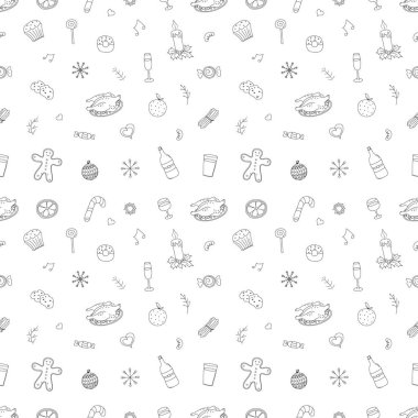 Kusursuz Noel şablonu. Yeni yıl geçmişi. Noel simgeleriyle karalama çizimi