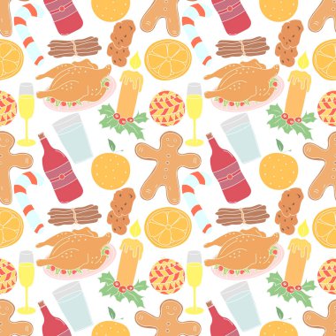 Kusursuz Noel şablonu. Yeni yıl geçmişi. Yılbaşı simgeleriyle renkli illüstrasyon