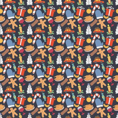 Kusursuz Noel şablonu. Yeni yıl geçmişi. Yılbaşı simgeleriyle renkli illüstrasyon