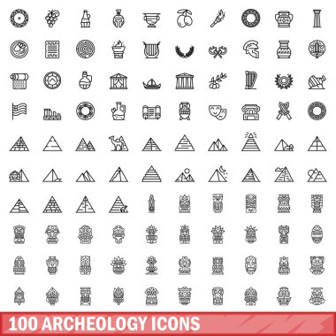 100 arkeoloji simgesi ayarlandı. Beyaz arkaplanda izole edilmiş 100 arkeoloji simgesi vektörünün taslak çizimi