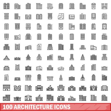 100 mimari simgesi belirlendi. Beyaz arkaplanda izole edilmiş 100 mimari simge vektörünün taslağı