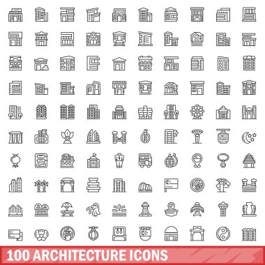 100 mimari simgesi belirlendi. Beyaz arkaplanda izole edilmiş 100 mimari simge vektörünün taslağı