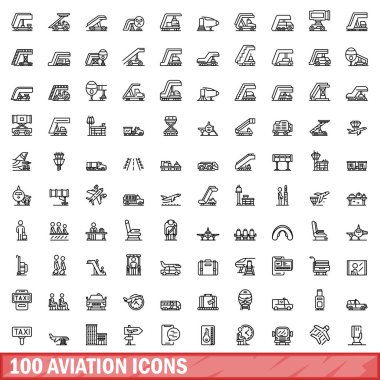 100 havacılık simgesi ayarlandı. Beyaz arkaplanda izole edilmiş 100 havacılık simgesi vektörünün ana hatları