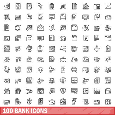 100 banka simgesi ayarlandı. Beyaz arkaplanda izole edilmiş 100 banka simgesi vektörünün taslağı