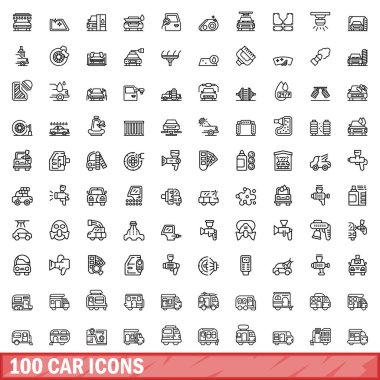 100 araba ikonu hazır. Beyaz arkaplanda izole edilmiş 100 araba simgesi vektörünün taslak çizimi