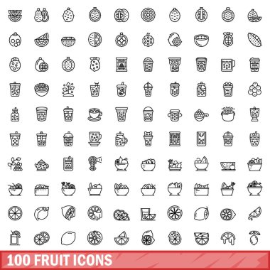 100 meyve ikonu. Beyaz arkaplanda izole edilmiş 100 meyve simgesi vektörünün taslağı