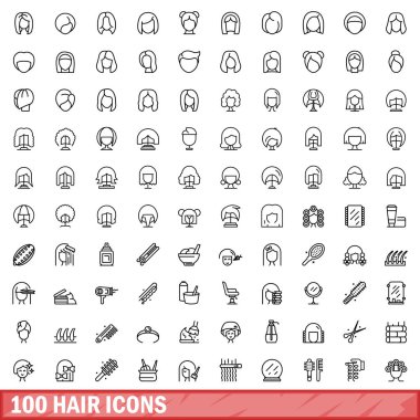 100 saç ikonu. Beyaz arkaplanda izole edilmiş 100 saç ikonu vektörünün taslağı