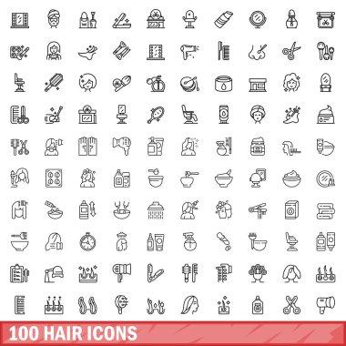 100 saç ikonu. Beyaz arkaplanda izole edilmiş 100 saç ikonu vektörünün taslağı