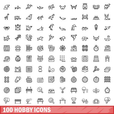 100 hobi simgesi seti. Beyaz arkaplanda izole edilmiş 100 hobi simgesi vektörünün ana hatları