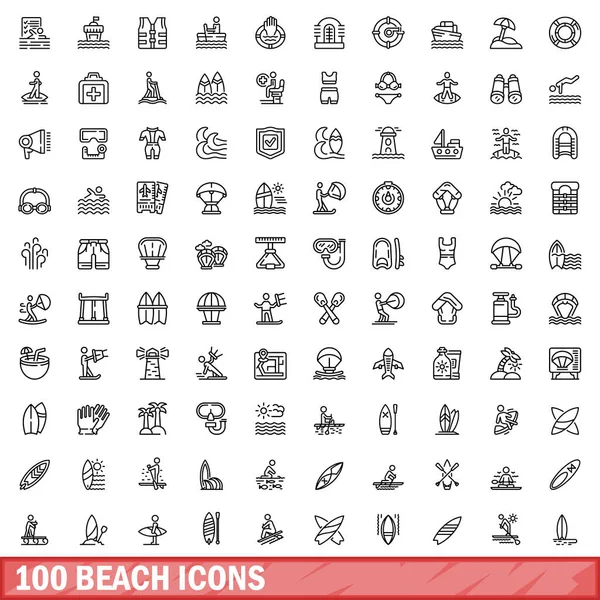 100 Icone Della Spiaggia Impostate Illustrazione Schematica 100 Icone Spiaggia — Vettoriale Stock