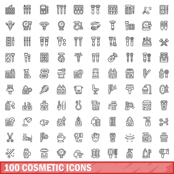 100 kozmetik simgesi seti. Beyaz arkaplanda izole edilmiş 100 kozmetik simge vektörünün ana hatları