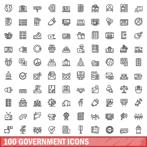 100 Ícones Governo Delineamento Ilustração 100 Ícones Governamentais Conjunto Vetorial —  Vetores de Stock