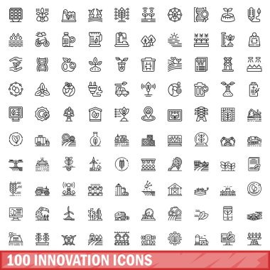 100 yenilik simgesi belirlendi. Beyaz arkaplanda izole edilmiş 100 yenilik simgesi vektörünün ana hatları