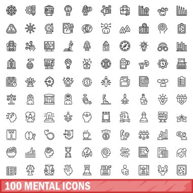 100 zihinsel ikon hazır. Beyaz arkaplanda izole edilmiş 100 zihinsel simge vektörünün taslağı
