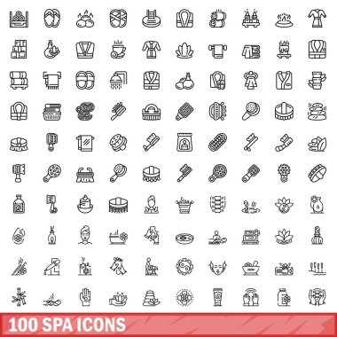 100 spa ikonu ayarlandı. Beyaz arkaplanda izole edilmiş 100 spa simgesi vektörünün taslağı