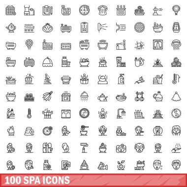 100 spa ikonu ayarlandı. Beyaz arkaplanda izole edilmiş 100 spa simgesi vektörünün taslağı