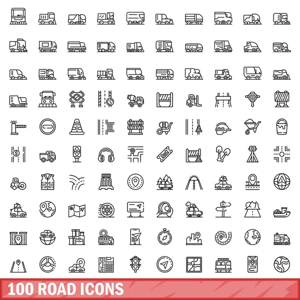 设置100个道路图标 在白色背景上隔离的100个道路图标向量集的概要说明 — 图库矢量图片