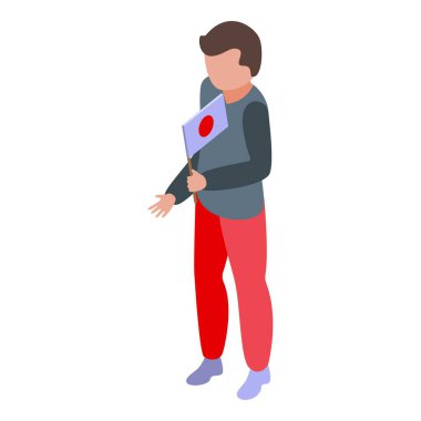 Çocuk Japonya bayrağı izometrik vektörü. Dünyalı kız. Çok kültürlü el sallama.