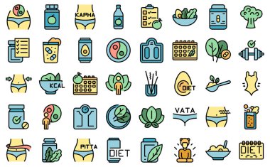 Ayurvedik diyet simgeleri ana hatları belirler. Yemek yemek. Pişirme alternatif renk düz izole