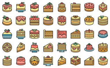 Cheesecake simgeleri dış hat vektörünü ayarlar. Pasta tatlısı. Dilimlenmiş parça rengi izole edilmiş