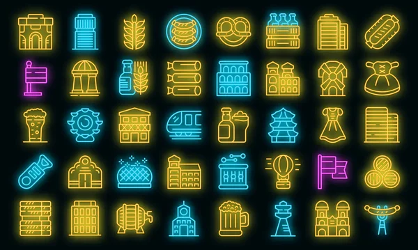 Ikony Monachijskie Ustawiają Wektor Zarysu Budynek Miasta Architektura Skyline Neon — Wektor stockowy